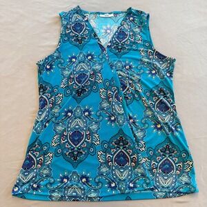 Croft & Barrow Womens Blue Paisley Medallion Faux Wrap V-Neck Sleeveless Top M